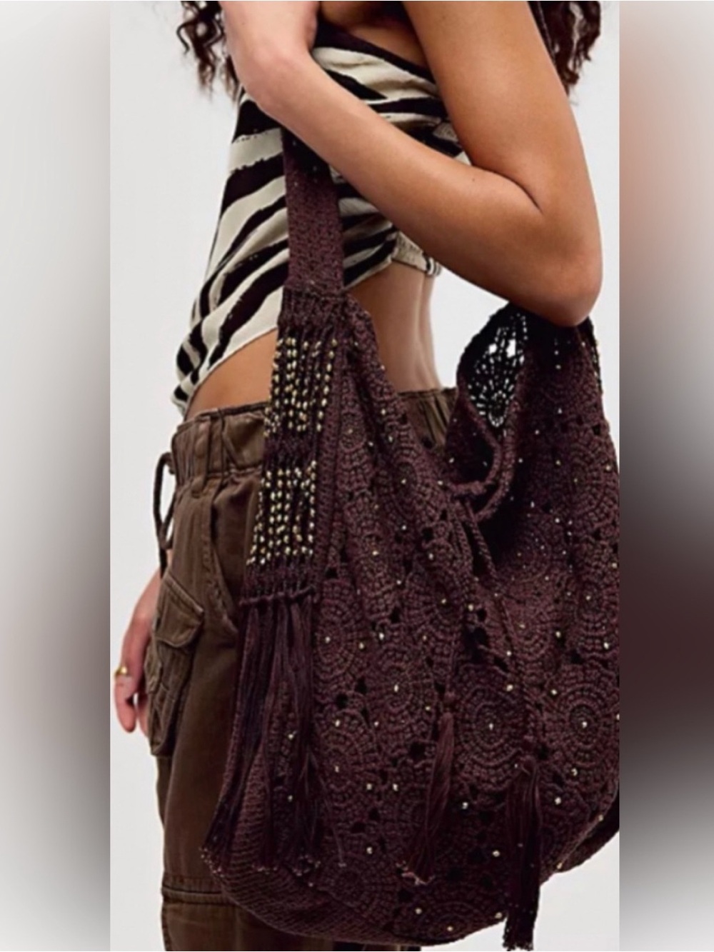 Free People Sunrise to Sunset Crochet Fringe Shoulder Bag Espresso Brown